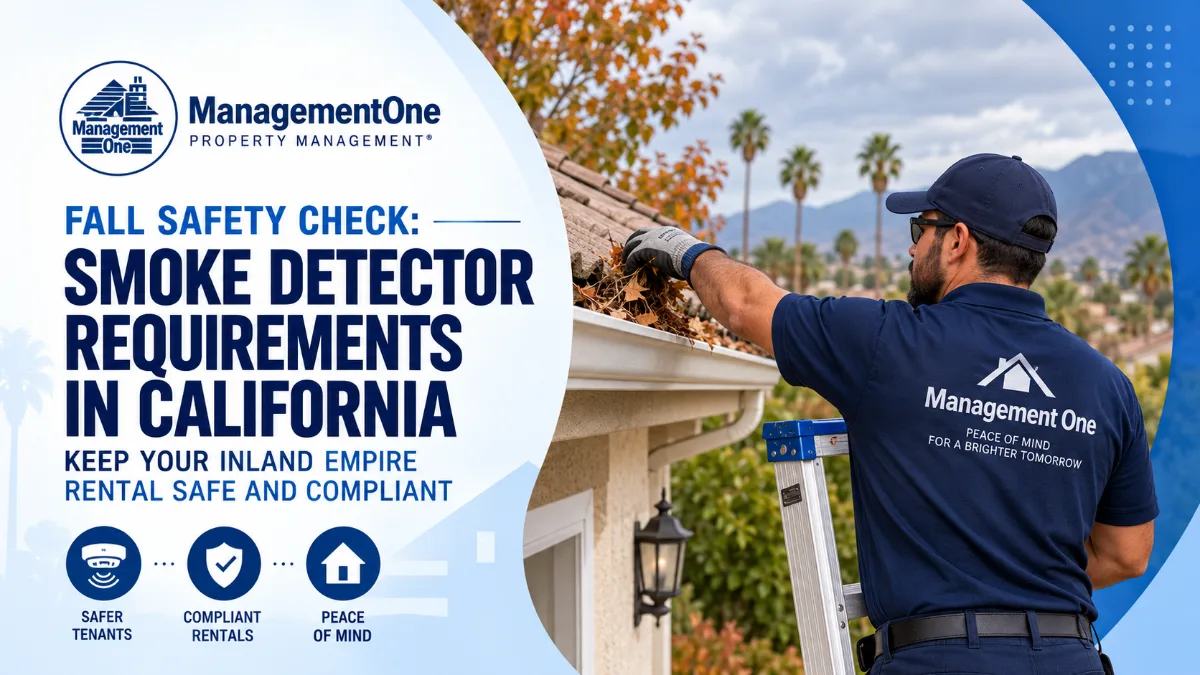Management One worker cleans fall leaves from a gutter, promoting fall safety checks and California smoke detector requirements.