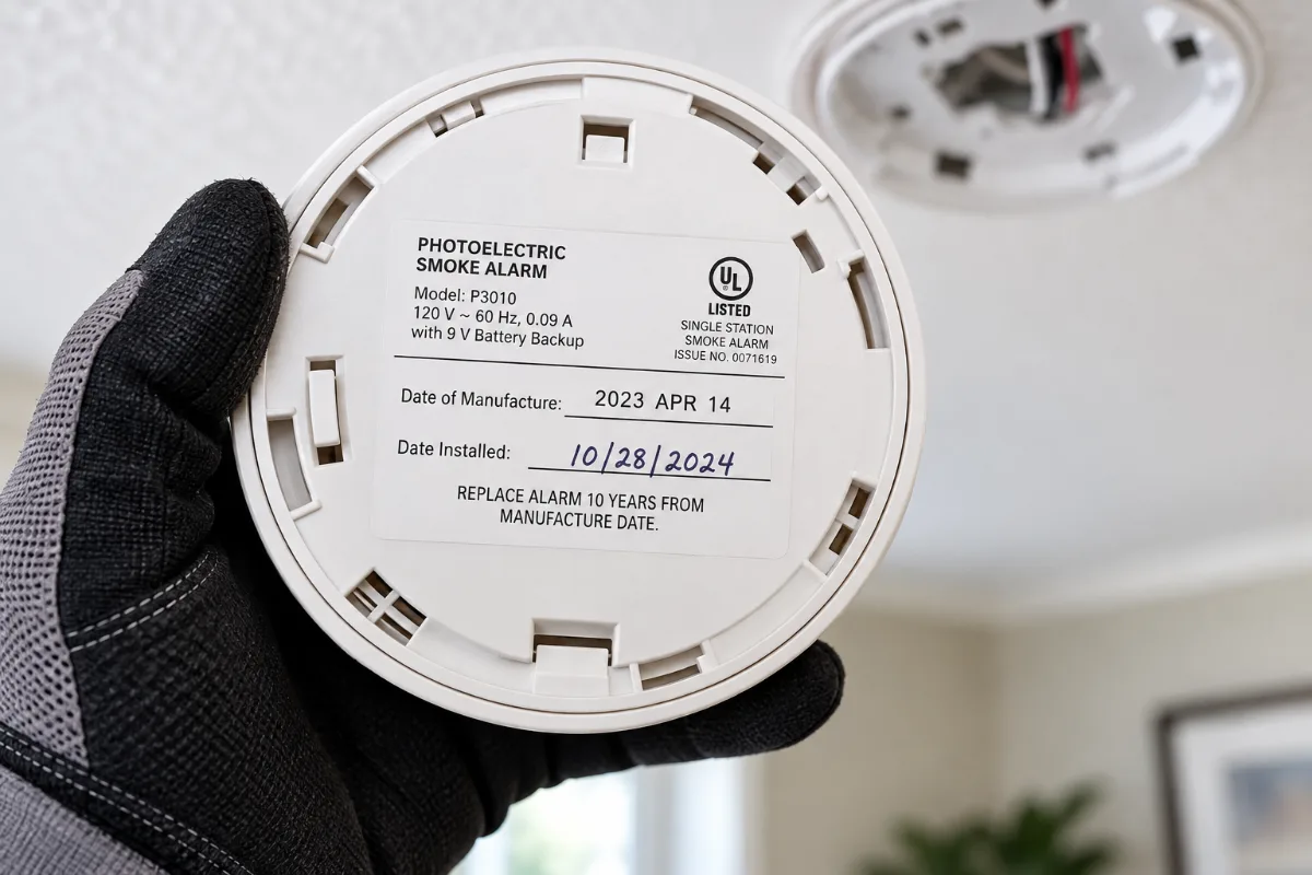 Close-up of the back of a smoke alarm showing the printed manufacture date next to a handwritten installation date