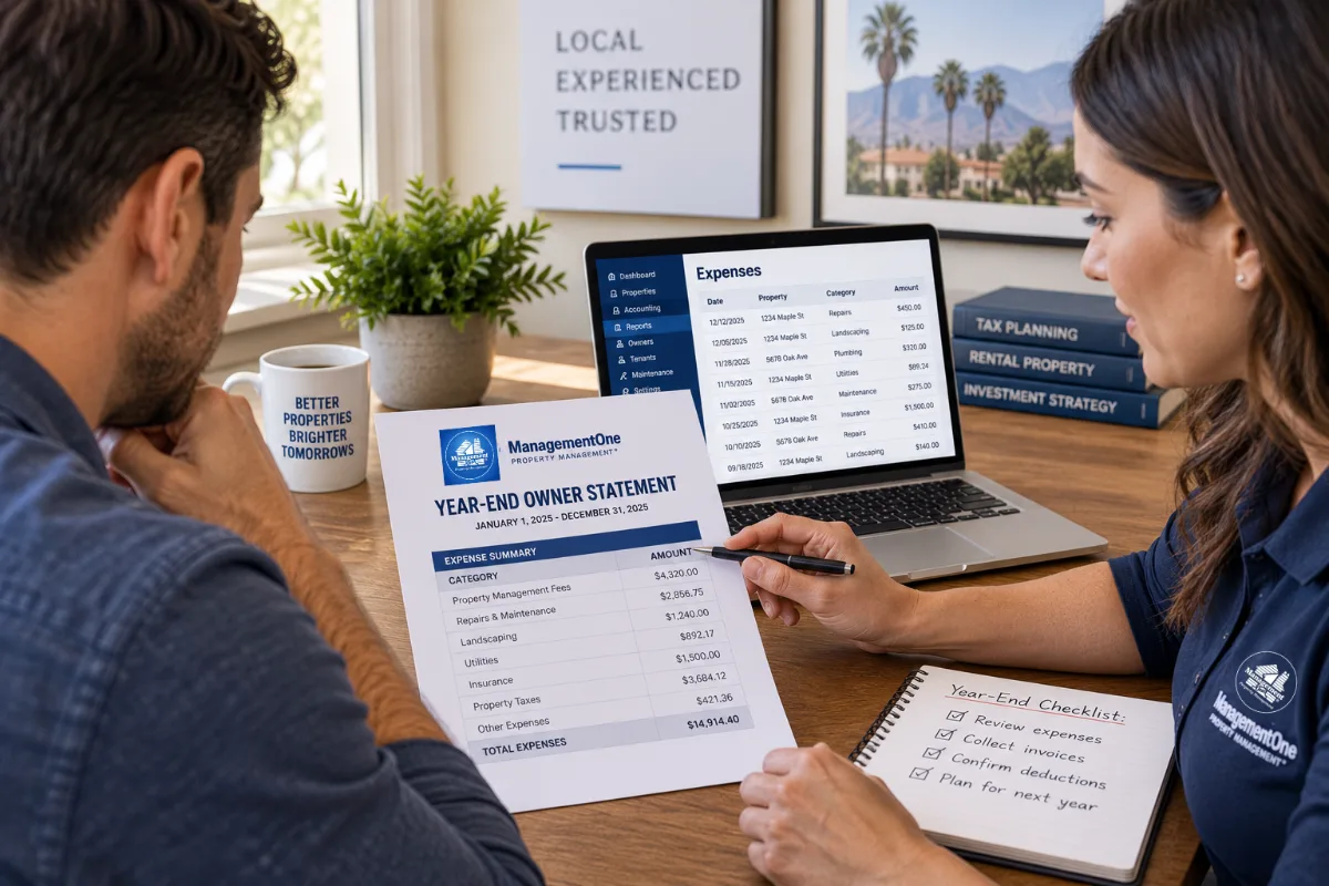Owner and property manager reviewing a year-end expense summary together