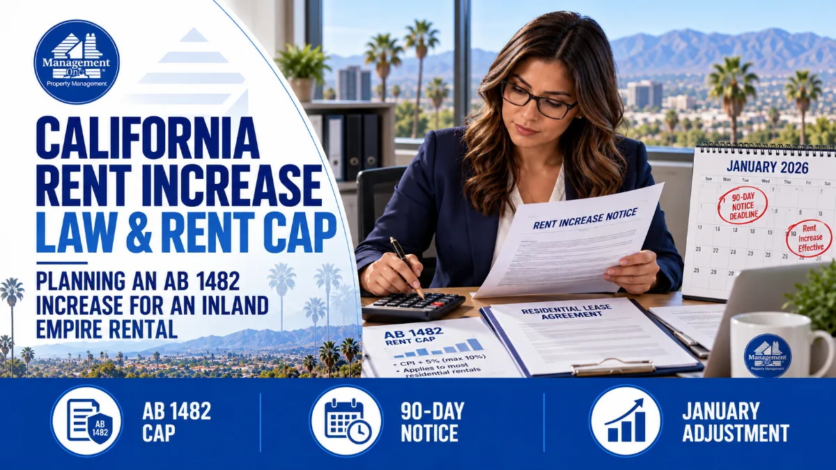 Businesswoman at a desk reviews a Rent Increase notice with AB 1482 rent cap documents; large California rent increase law banner dominates the background.