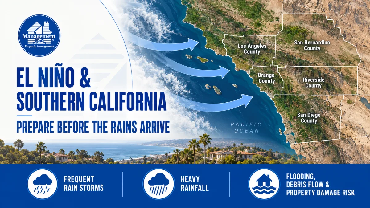 El Niño Southern California rain prep map. Weather flow, heavy rain, flood risk icons. Management One.