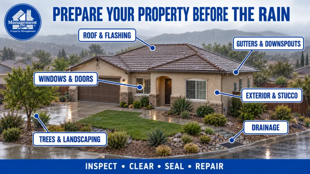 property-rain-preparation-checklist Suburban house in rain with callouts for roof, gutters, windows, drainage, landscaping, stucco. Title: Prepare Your Property Before The Rain.