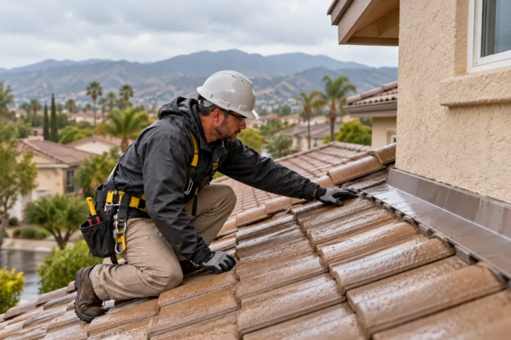 roofer-inspecting-wet-roof-tiles Roofer in hard hat and safety gear inspects wet brown tiled roof and metal flashing on a house with hills and residential area.